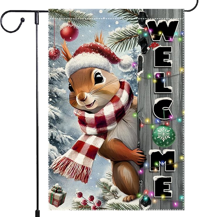 Christmas Garden Flag 12x18inch The Nut Squirrel Welcome XMAS winter Garden Flags Yard Porch House Flag Double-Side For Home Outdoor Yard Patio Lawn Decor,Happy New Year merry Christmas banners for outside Decorations (RMQ-85, 12"X18")