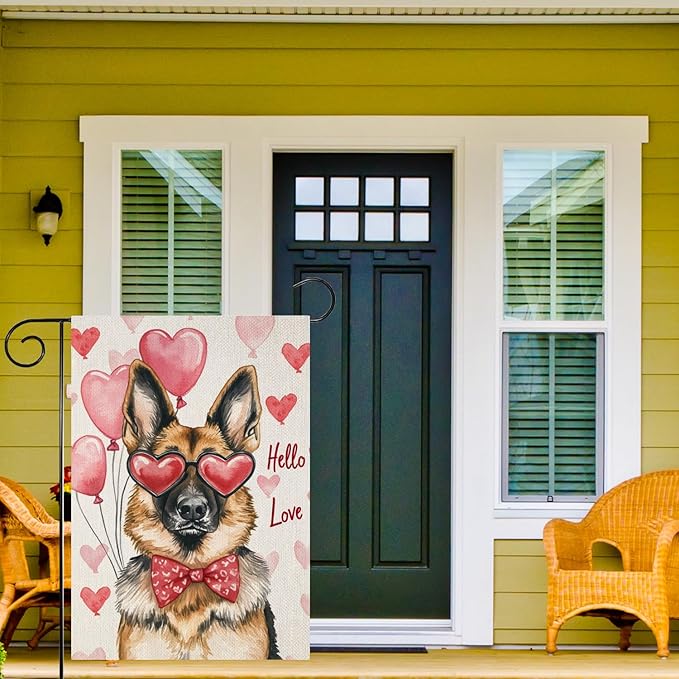 Valentine's Day German Shepherd Hello Love Garden Flag, House Yard Plaid Love Heart Outside Decoration, Spring Holiday Wedding Anniversary Outdoor Small Decor 12x18(12626)