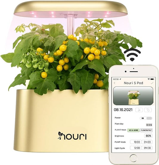 Nouri 5 pod APP Smart Garden for Home Cooks | w/Heirloom Basil | Hydroponics Growing System | LED Grow Lights | Indoor Herb Garden Kit | Herb Growing Kit Indoors for Plant Lovers, Gardeners, Kitchen