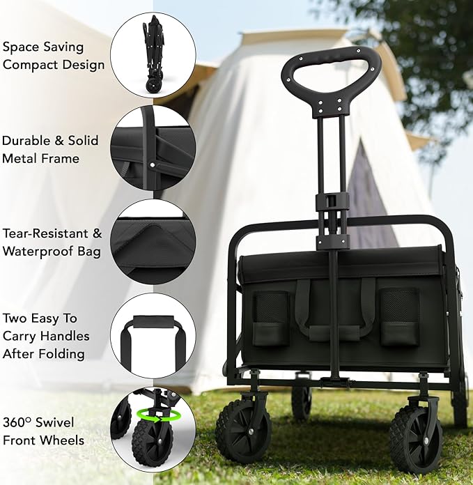 Lifetime Home Collapsible Foldable Heavy Duty Utility Wagon Cart with Larger Capacity - Perfect for Shopping, Sports Events, Grocery, Moving, Camping, Laundry, Beach - Black