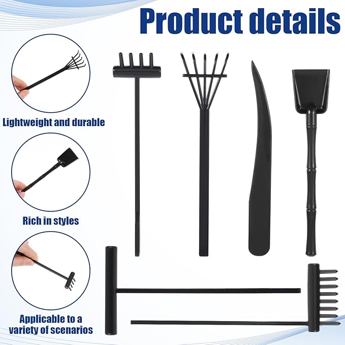 LIQWEI 6 Pcs Mini Zen Garden Kit, Zen Garden Rake Tools Black Sand Casting Kit, Sand Meditation Accessories for Home Gardens Office Desk Decor