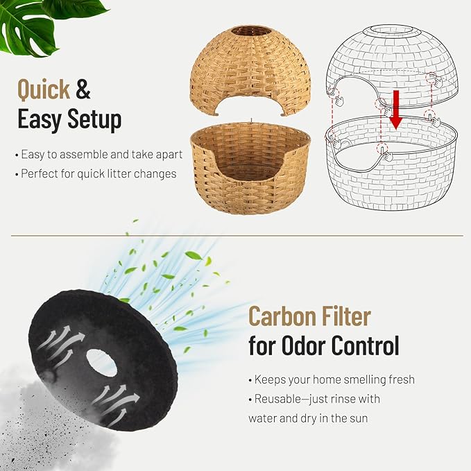 Hidden Cat Litter Box Plant Furniture Enclosure House w/ Faux Plant, Decorative Handwoven Rattan Round Planter Cat Bed for Indoor Cats w/ Odor Control Filter, in Living Room Bedroom Corner Natural