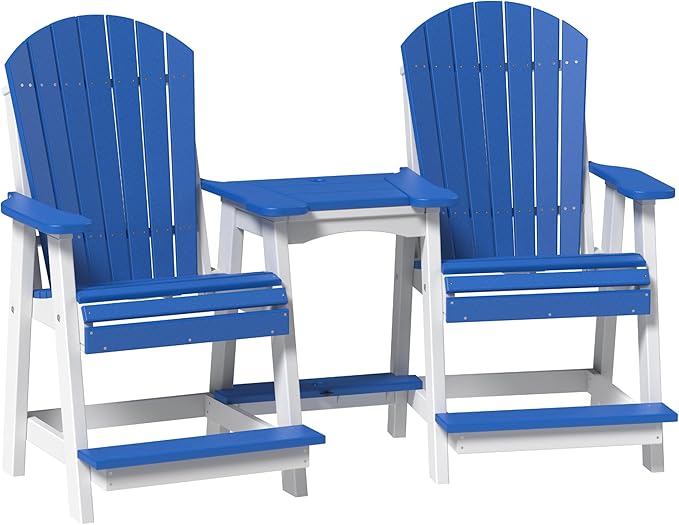 LuxCraft Poly Tete-a-Tete Patio Table and Counter Height Balcony Chairs with Umbrella Hole, Weatherproof Outdoor Patio Furniture Set for Outside - Amish Made in USA (Blue & White)