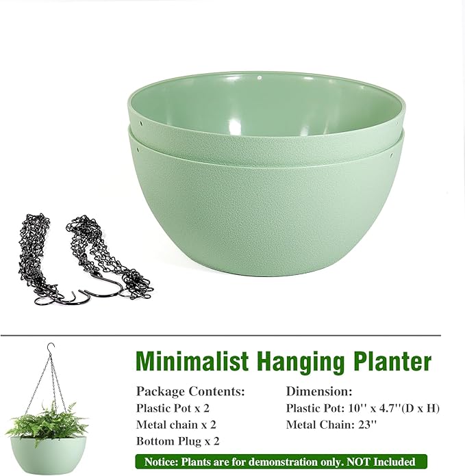 WSMKSZ 10 inch Hanging Planters for Outdoor Indoor Plants with Drainage Holes and Chain, 2 Pack Round Hanging Flower Pots for Garden Home Porch Decor,Green