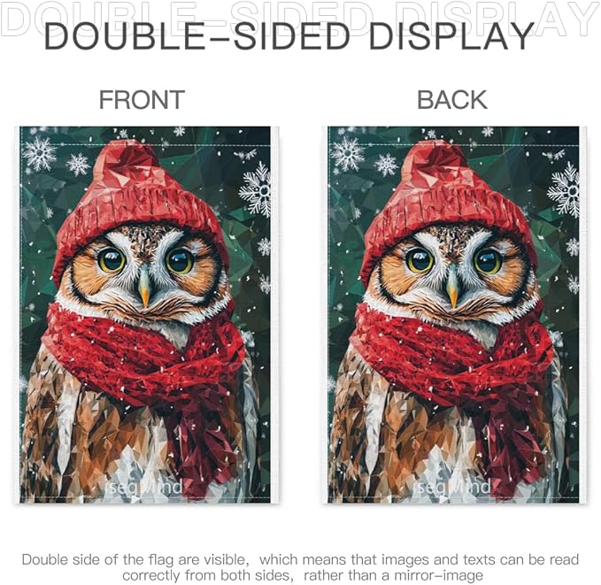 Owl with Red Scarf and Hat Snowflake Christmas Garden Flag, 28x40 Inch Double Sided Linen Holiday Red Winter Farmhouse Yard Outdoor Decoration (4333)
