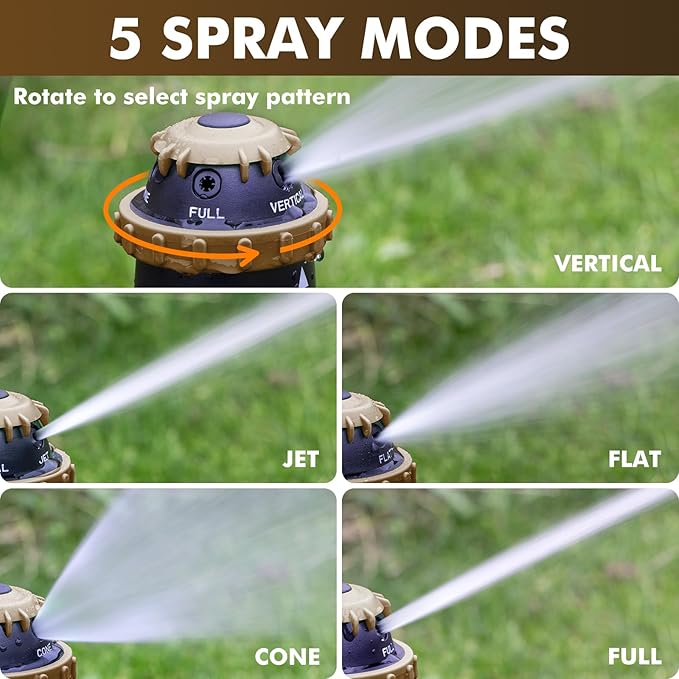 RESTMO Gear Drive Sprinkler with Metal Spike Base, 5-Pattern Heavy Duty Gardening Watering System, Multi-Adjustable Lawn Sprinkle for Garden Plant, Flower Bed and Large Yard Area Watering, Brown