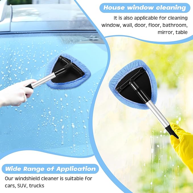 Baderke 10 Pcs Windshield Cleaner Tool Car Window Cleaning Supplies with Extendable Handle Include 6 Washable Microfiber Bonnets 2 Empty 60ml Spray Bottle Glass Wiper Kit(Light Blue)