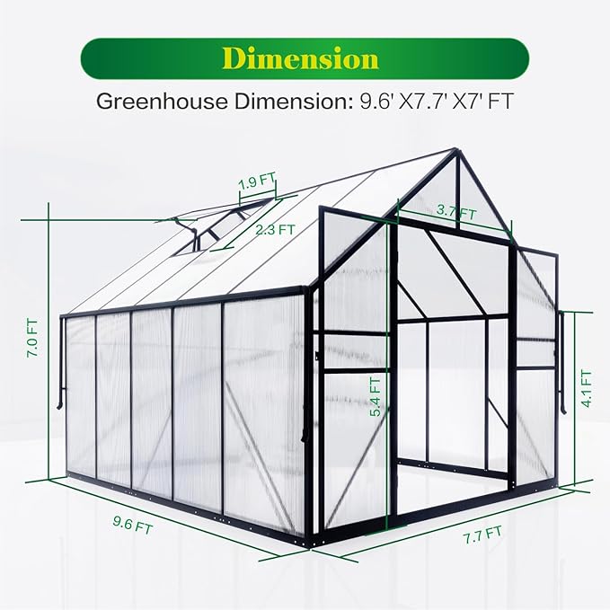 8x10 FT Greenhouse for Outdoors, Polycarbonate Green House with Adjustable Roof Vent and Rain Gutter, Aluminum Large Walk-in Greenhouse with Quick Setup Structure for Outside Garden Backyard Patio