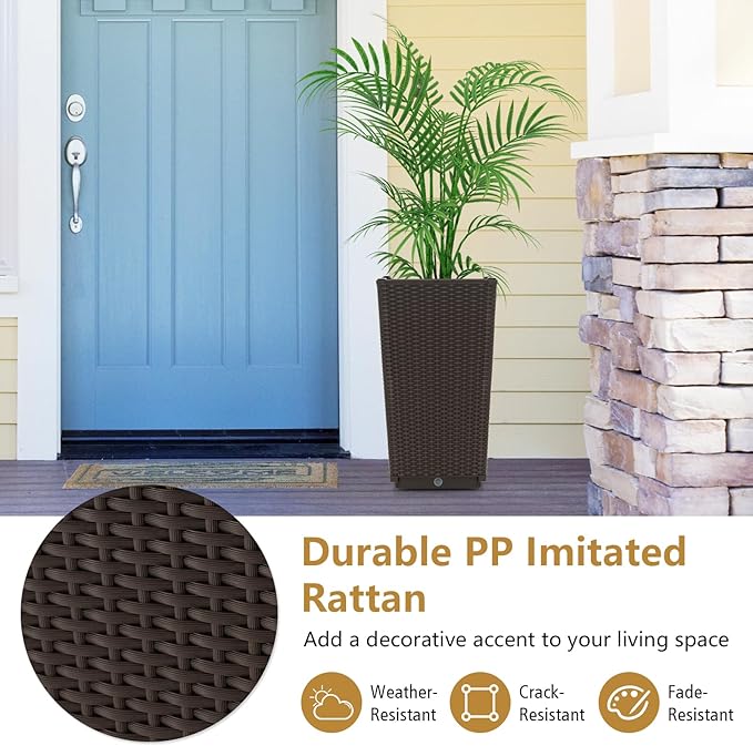 Giantex Outdoor Wicker Flower Pot Set of 2, 22.5 Inch Tall Planters with Drainage Hole, Self-Watering Tray, Rattan Flower Pots, Indoor Outdoor Planter for Porch Door Front Balcony Entryway (Brown)