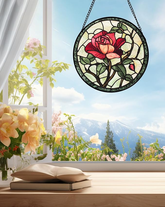 AMDERVEN Stained Glass Window Hanging, Red Rose Flowers Sun Catcher for Door Garden Home Decor Suncatcher Christmas Mother's Day Birthday Gifts for Women Lovers Men Wife Girlfriend Mom Nana 6.3 in