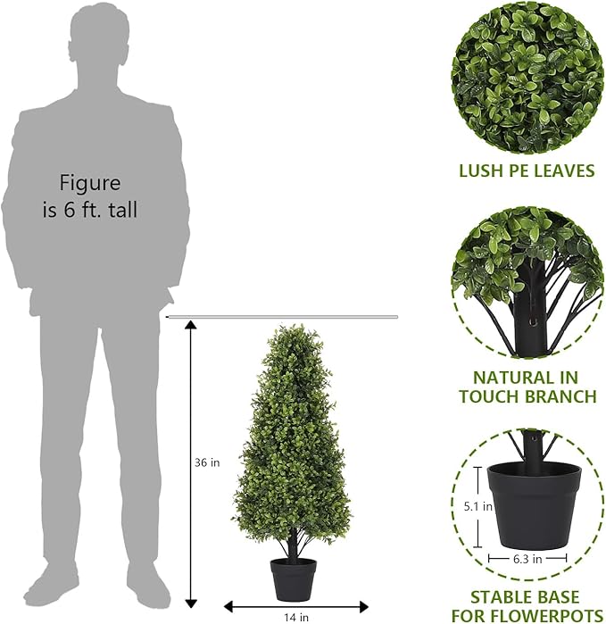 Azoco 3ft Artificial Boxwood Topiary Trees (Set of 2) - UV Resistant Faux Plants Outdoor, Realistic 36" Fake Cone Bushes and Shrubs for Front Porch, Planter, Patio - Low Maintenance & Evergreen