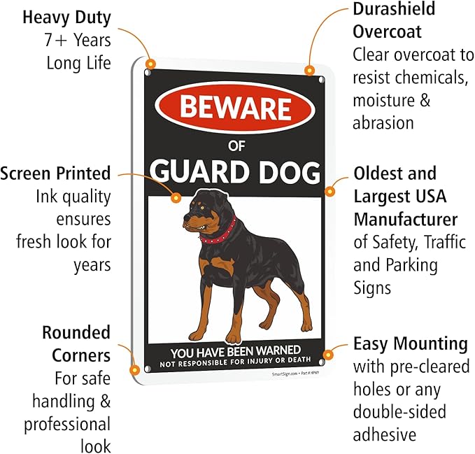 SmartSign Beware Of Guard Dog Warning Sign - 10"x7", 40 mil Laminated Rust-free Aluminum - Funny Metal Signs for Entrances, Outdoors, Patio, Gifts, Cafe - Guard Dog Theme, Made in USA