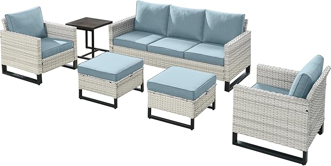 Rilyson Wicker Outdoor Patio Furniture Set - 6 Piece Patio Conversation Set with 2 Armrest Chairs,2 Rattan Ottoman,1 Couch and 1 Metal Side Table for Outside Porch Deck Backyard(Light Grey/Sky Blue)