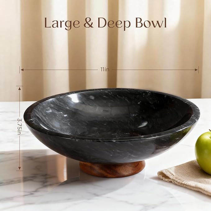 SAMAH Black Marble Fruit Bowl with Acacia Wood Pedestal, Large Decorative Footed Bowl, Natural Stone Centerpiece for Kitchen Counter, Entryway, Keys, Dining Table, House Warming Gifts New Home(11Inch)