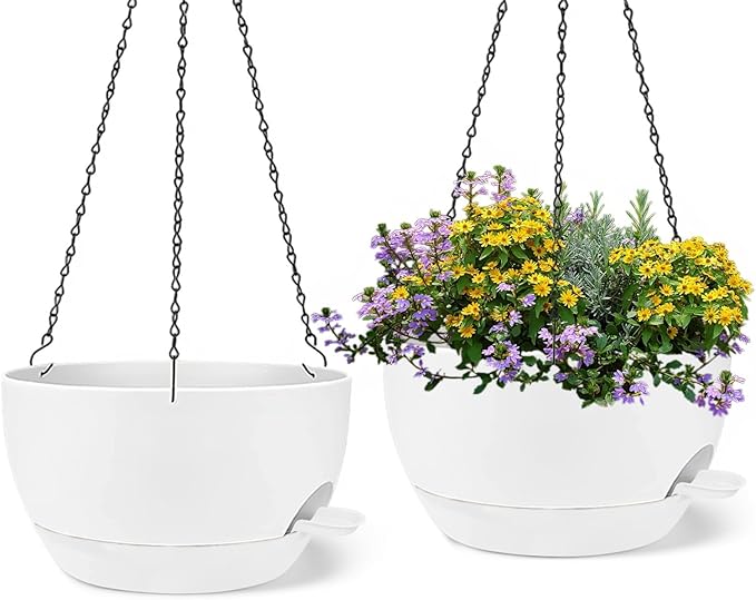 zople 2 Pack 12 Inch Large Hanging Planters with Chains Self Watering White Plastic Hanging Pots for Indoor Outdoor Plants, Garden Porch Home Decor，White