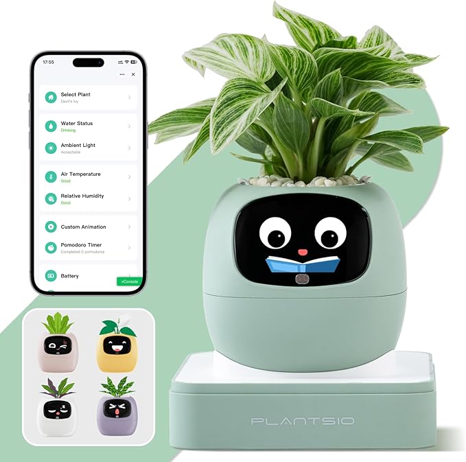 Plantsio AI Smart Pot for Plants with App Control, Self-Watering, Visual Display & 80ml Reservoir, Digital Plant Pot Supports 100+ Plants, Pomodoro Timer, Clock & Calendar,Desk & Office Planter-Green