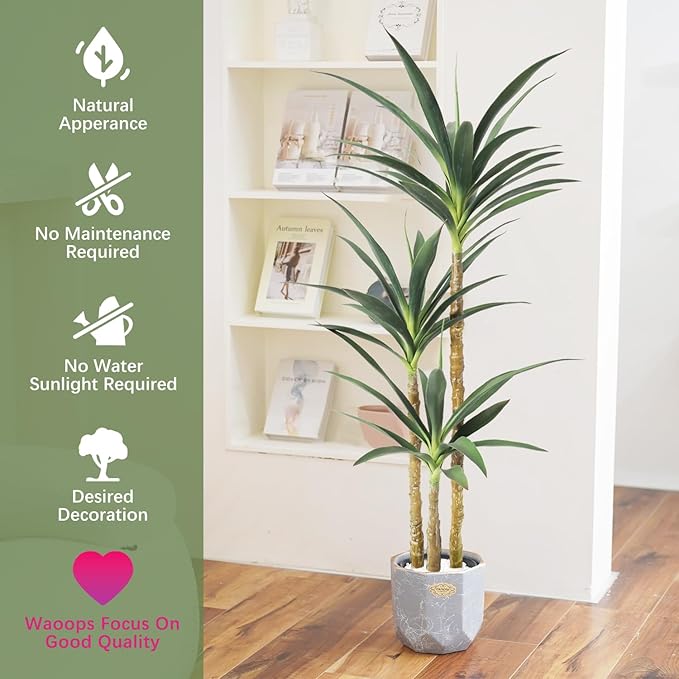 Waoops Artificial Tree 4.7Ft Faux Agave Plant with 3 Heads in Plastic Pot Fake Tree for Home Decor Indoor or Outdoor Office Decoration Housewarming Gift(4.7 Feet-1 Pack)