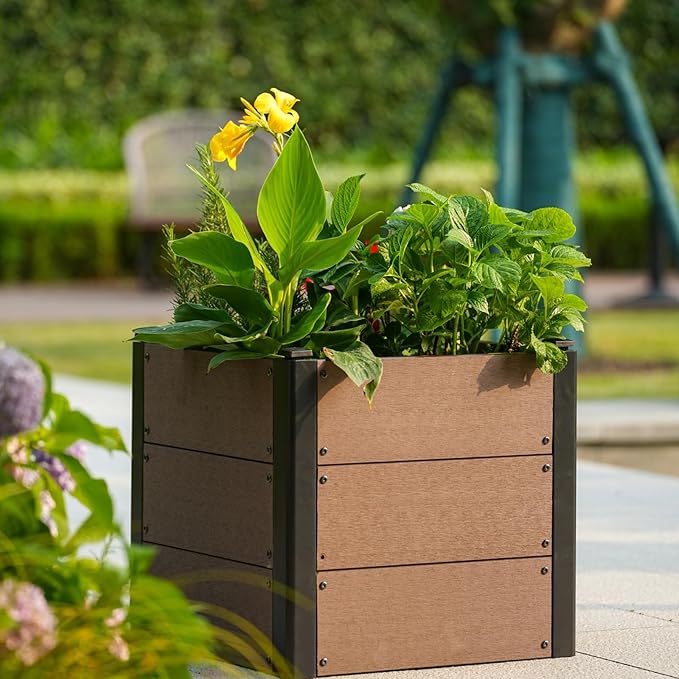 GarveeLife 19" x 19"x 17" Wood Look Raised Garden Bed with Bottom, Outdoor Planter Box for Vegetables & Herbs, Durable Composite Deep Root Bed for Vegetables, Flowers in Backyard, Patio