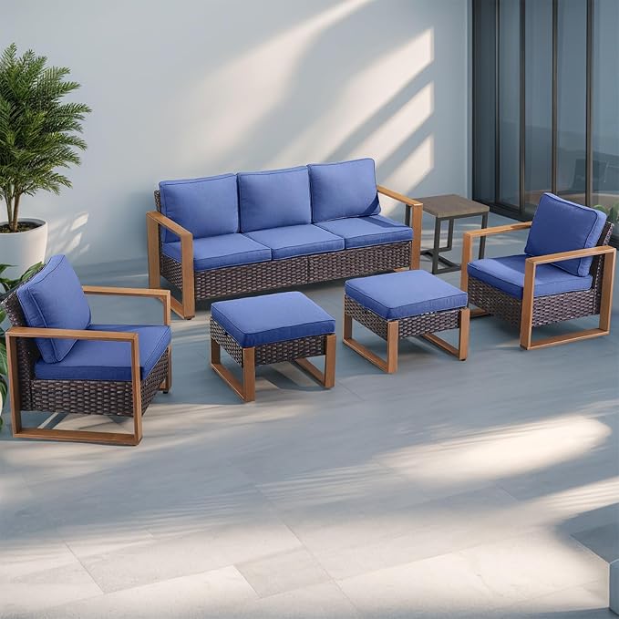 Rilyson Outdoor Wicker Patio Furniture Set - 6 Piece Patio Conversation Set with 2 Wicker Armrest Chairs,2 Rattan Ottoman,1 Side Table and 1 Couch,Sturdy Frame,Thick Cushions,Deep Seating(Brown/Blue)