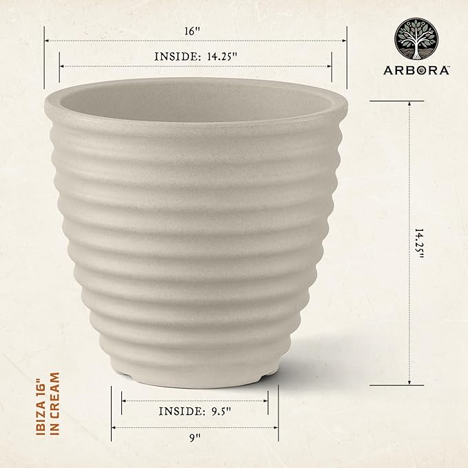 ARBORA 16" Ibiza Polyresin Indoor and Outdoor Planter with Classic Cream Finish - Durable, Weatherproof, Lightweight, Large Plant Pot for Patio, Garden, Deck, Entryway