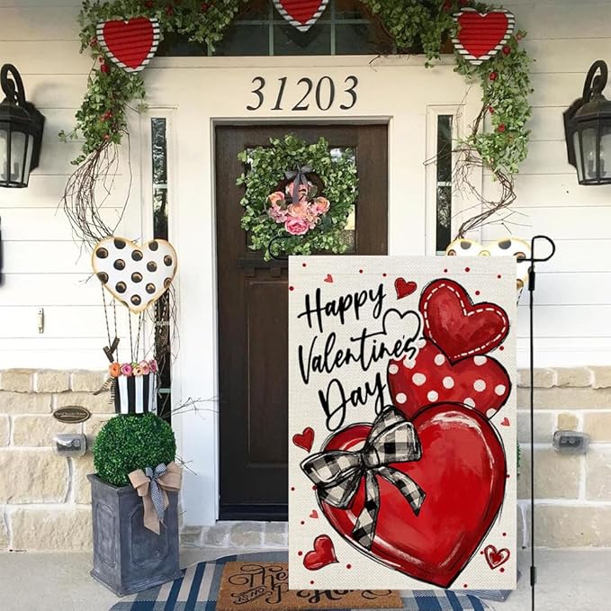 CROWNED BEAUTY Valentines Day Hearts Garden Flag 12x18 Inch Double Sided for Outside Small Burlap Love Red Holiday Yard Decoration