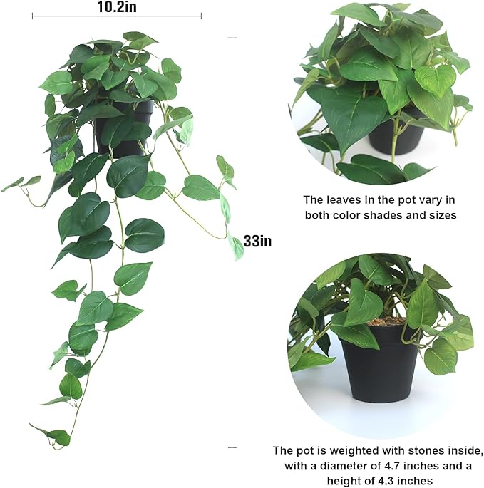 alyptus Fake Pothos Hanging Plants – 33" Set of 2 Faux Ivy Vines with Pots, Realistic Silk Devil’s Ivy for Indoor Décor, Low Maintenance Artificial Greenery for Home Bathroom or Office - Green