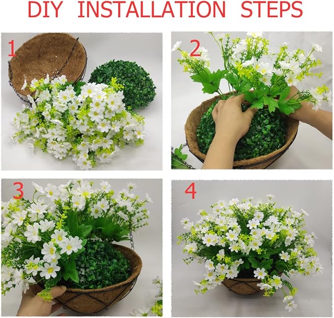 Lamsze Artificial Hanging Flowers with Basket,Fake Daisy Flowers in 12 inch Coconut Lining Hanging Baskets for The Decoration of Courtyard, Indoors, and Outdoors(White)