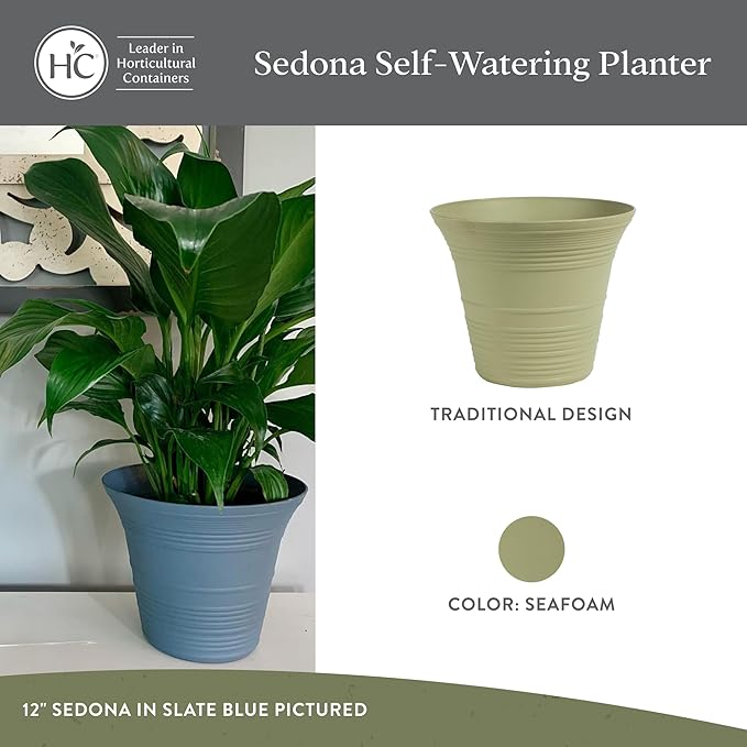 The HC Companies 9 Inch Sedona Round Self Watering Planter Pots, Lightweight UV-Resistant Plastic Indoor & Outdoor Planters, 4-Pack Flower Pots for Garden & Home Decor, Seafoam