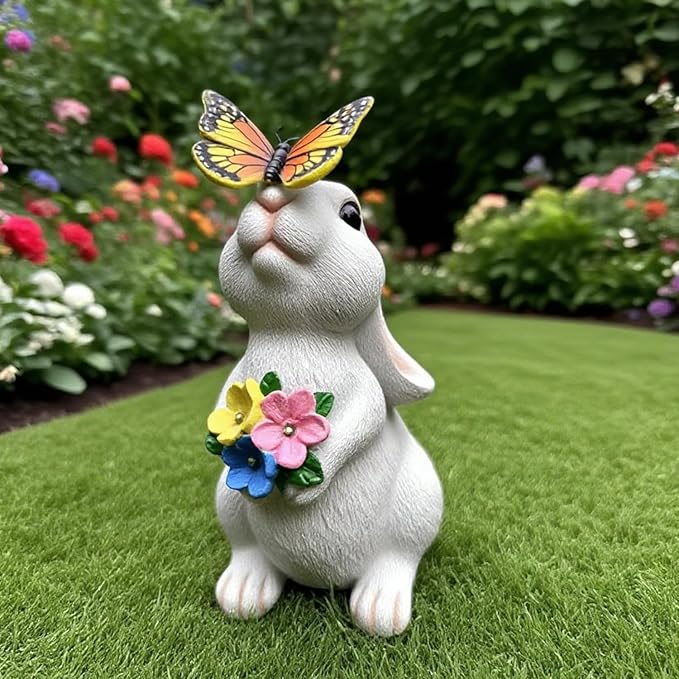 Solar Garden Statue LED Outdoor Garden Decor Funny Animal Sculpture for Yard Patio Lawn Weatherproof Resin Birthday Art Gift（Rabbit and Butterfly）