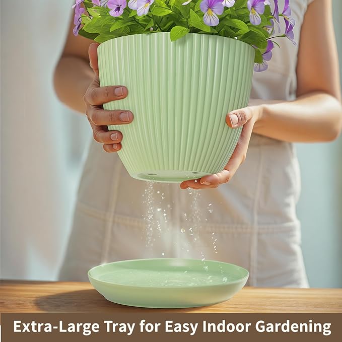 LASZOLA Light Green Plant Pot Plastic Planter with Drainage Holes and Saucer Tray for Indoor Flower, Medium to Small 7.5/6.5/5.5/4.9/4.2/3.5 Inch, Modern House Decorative Gardening Round Pot, Set of 6