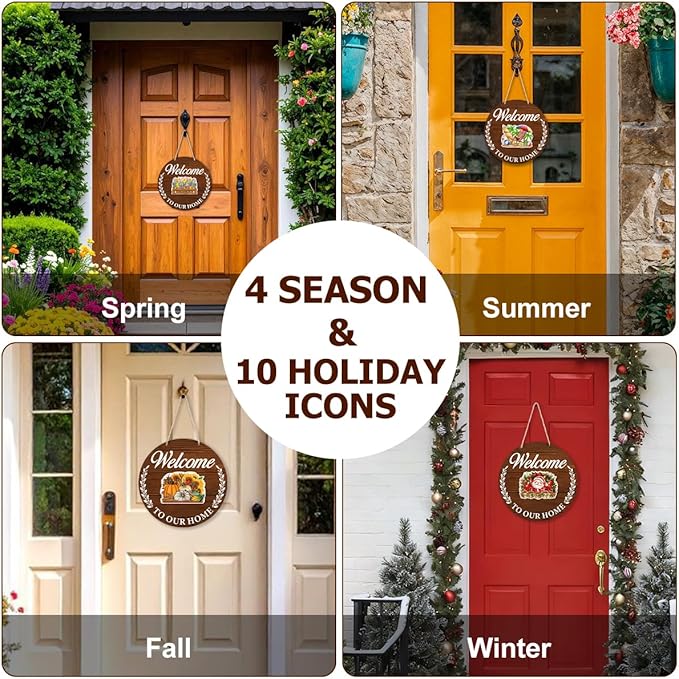 Interchangeable Seasonal Welcome Sign Valentine's Day Door Decoration, Rustic Round Wood Wreath Front Porch Decor, Welcome to Our Home Sign for Spring Summer Fall Winter All Seasons Holiday, Brown