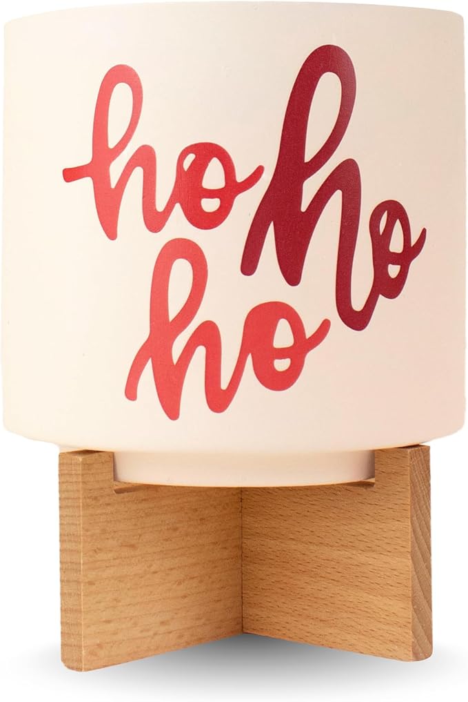 Ceramic Holiday Planter Pot, Ho Ho Ho Design, Creme & Red, Holds 4" House Plant or Succulent, Festive Winter Christmas Home Décor with Wood Stand