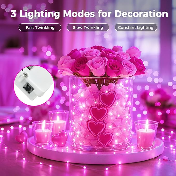 litogo 24 Pack 7FT 20 LED Fairy Lights Battery Operated, 3 Lighting Modes, Bulk Mini Twinkle String Lights Waterproof Silver Wire for Weddings Mason Jars Party Christmas Decorations-Pink