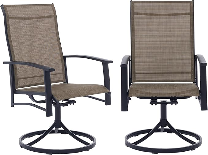 Outdoor Swivel Dining Chair Set of 2, All Weather Patio Dining Chair with Textilene High Back and Metal Frame for Backyard, Lawn Garde and Deck, Mocha