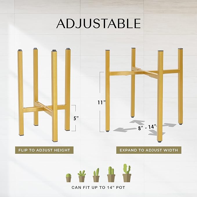 RAINBLELAND Adjustable Metal Plant Stand, Indoor Outdoor, Width 8" to 14", Fits Small to Large Pots, Modern Golden Iron Plant Holder