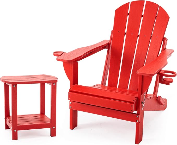 Folding Adirondack Chair Set with Side Table - HDPE Outdoor Patio Chairs, Weatherproof Chair with Reclining Back, Cup & Phone Holder, and 2-Tier Storage End Table for Firepit or Garden (Red)