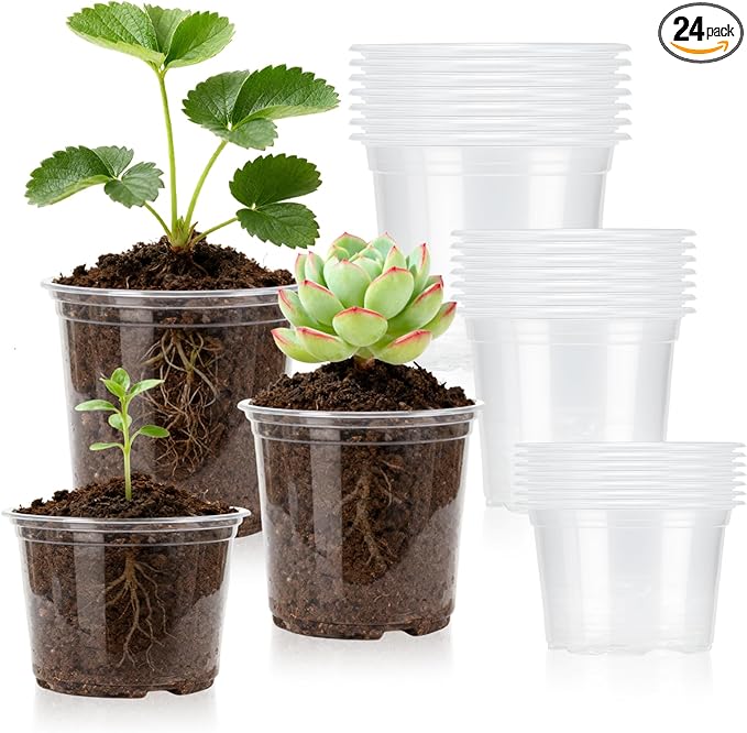 Plgardpo Clear Pots for Plants, 3/3.5/4 Inches Nursery Pots with Drainage Holes, 24 Packs Seed Starter Pots with Different Sizes, Flexible Small Plastic Plant Pot Perfect for Indoor Outdoor Plants