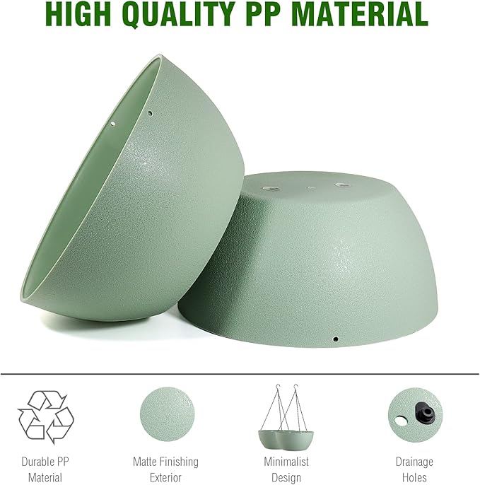 WSMKSZ 13 inch Large Hanging Planters Plant Pots for Outdoor Indoor Plants with Drainage Holes and Chain, 2 Pack Round Hanging Flower Pots for Garden Home Porch Decor, Green