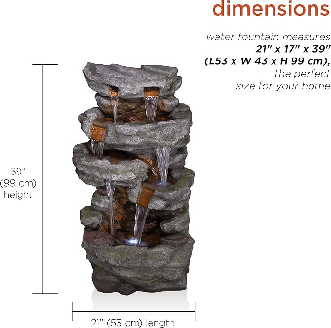 Alpine Corporation TZL284 39" Outdoor 4-Tier Cascading Stone Water Fountain with LED Lights – Natural Stone Look Water Feature for Patio, Garden, and Backyard Décor, Gray