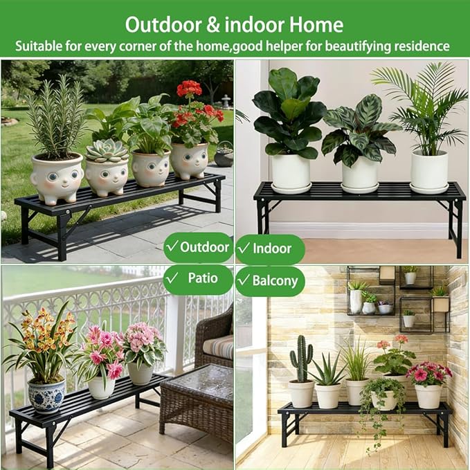 Single Tier Metal Plant Stand, Long Narrow Foldable Plant Stand for Indoor Outdoor, Heavy Duty Waterproof Plant Holder for Living Room Balcony Garden Window Patio，Plant Lovers, Display Stand （L33" x H7.8" x W9.7")