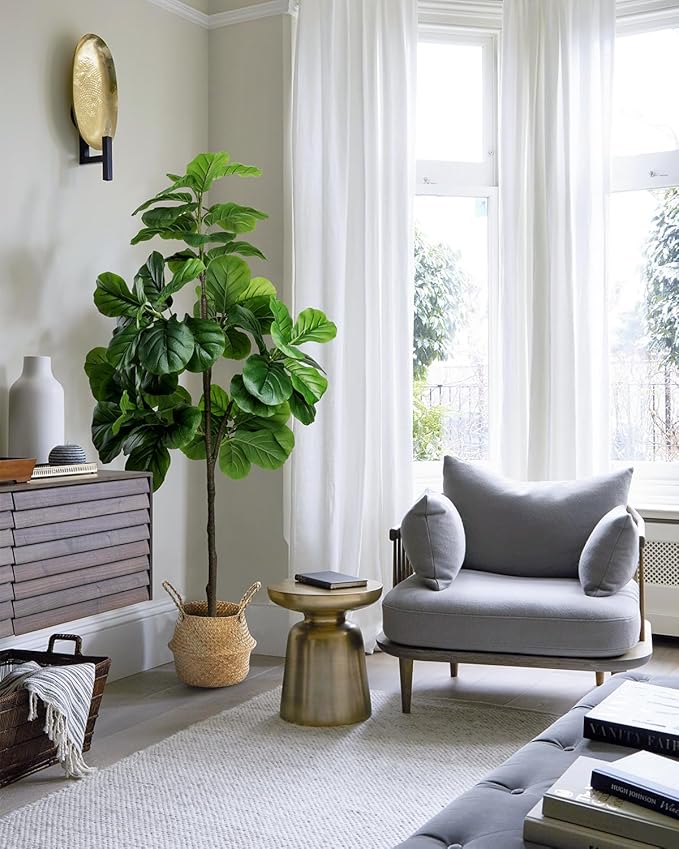 Artificial Fiddle Leaf Fig Tree 6FT - Large Fake Tree with White Planter&Basket, Tall Faux Ficus Lyrata Tree Floor Plants for Indoor Home Decor Office Living Room Housewarming Gift, 1Pack