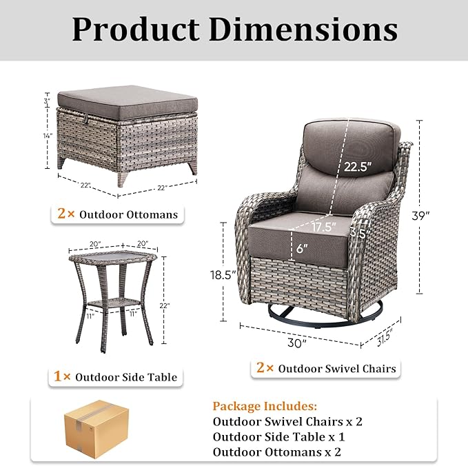 Luxury Outdoor Swivel Rocker Patio Chairs Set of 5, High Back Swivel Patio Chairs with Side Table & 6" Thick Cushions, Ottomans, Wicker Outdoor Bistro Set for Porch, Yard, Deck, Poolside, Grey
