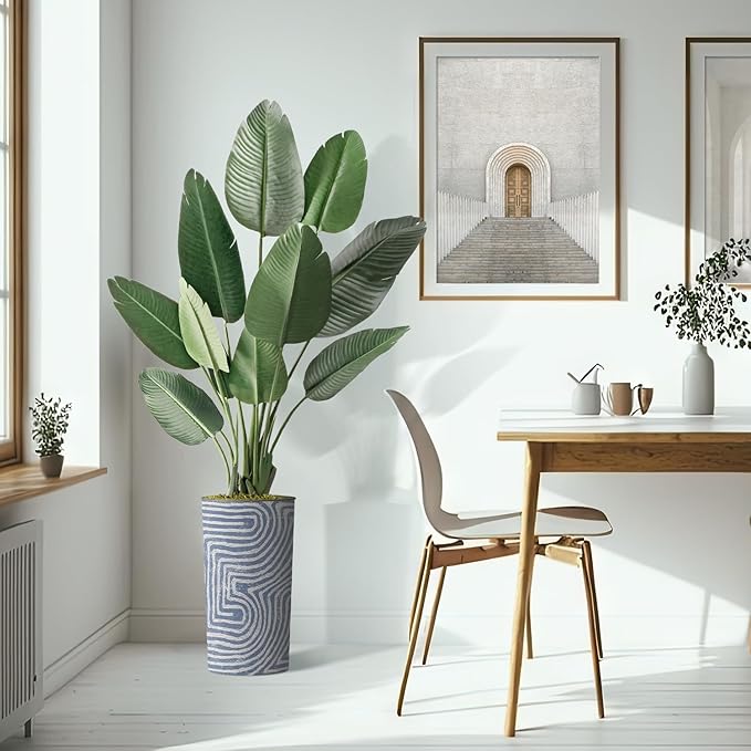 Artificial Tree in Contemporary Geometric Pattern Planter, Fake Bird of Paradise Silk Tree for Indoor and Outdoor Home Decoration - 67" Overall Tall (Plant Pot Plus Tree)