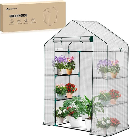 Yesker Greenhouse 57"x29"x77" Walk in Green House - Large Outdoor/Indoor Greenhouses with 4 Shelves Waterproof PE Cover & Windows, Portable Greenhouse Kit for Winter Backyard Gardening Patio, White