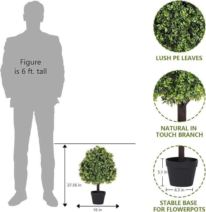 Azoco 27“ Realistic Artificial Boxwood Topiary Trees Set of 2, Faux Boxwood Plants Outdoor UV-Resistant, No Maintenance Curb Appeal Fake Evergreen Bushes & Shrubs for Front Porch Outside Planter Decor