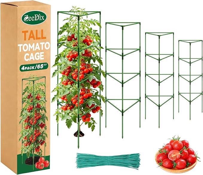 [Upgraded] ZeeDix 65 Inch Tall Tomato Cages for Garden, 4 Pack Large Plant Trellis Support Stakes for Climbing Plants, Heavy Duty Adjustable Tomatoes Cage for Pots, Raised Garden Bed Outdoor Supplies