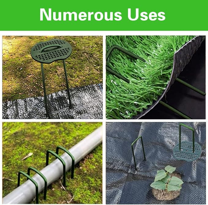 Bakulyor 50pcs Green Artificial Turf Stakes Staples + 50pcs Buffer Washer, 6 Inch 11 Gauge Landscape Staples, Galvanized Lawn Spikes, Heavy Duty Yard Ground Pin for Grass Weed Barrier Sod Fabric