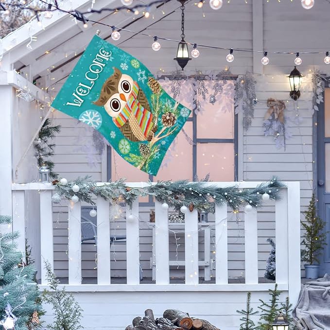 Morigins Cute Owl Christmas Holly Winter Double Sided House Flag 28x40 inch