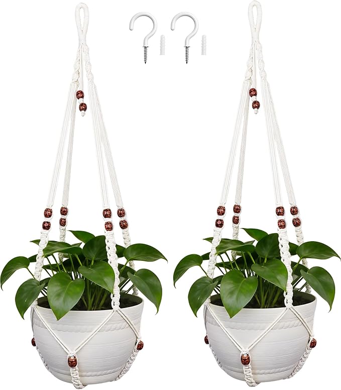 HOREAKHJ 35 Inch Macrame Plant Hanger, Large for up to 15 Inch Pot Extra Long Hanging Planter Holder Basket with Wood Beads for Indoor Outdoor Home Decor (Ivory, 2-Pack)