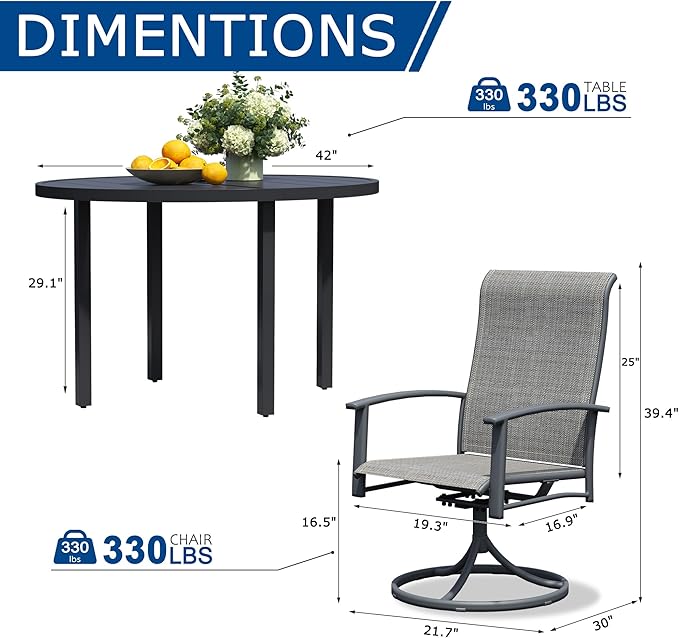 5 Pieces Outdoor Table and Chairs for 4, 42" Black Round Table with 4 Grey Swivel Chairs, Patio Set with Swivel Chair, Garden Tables for Outdoor, Patio Dining Set for Lawn Backyard Poolside